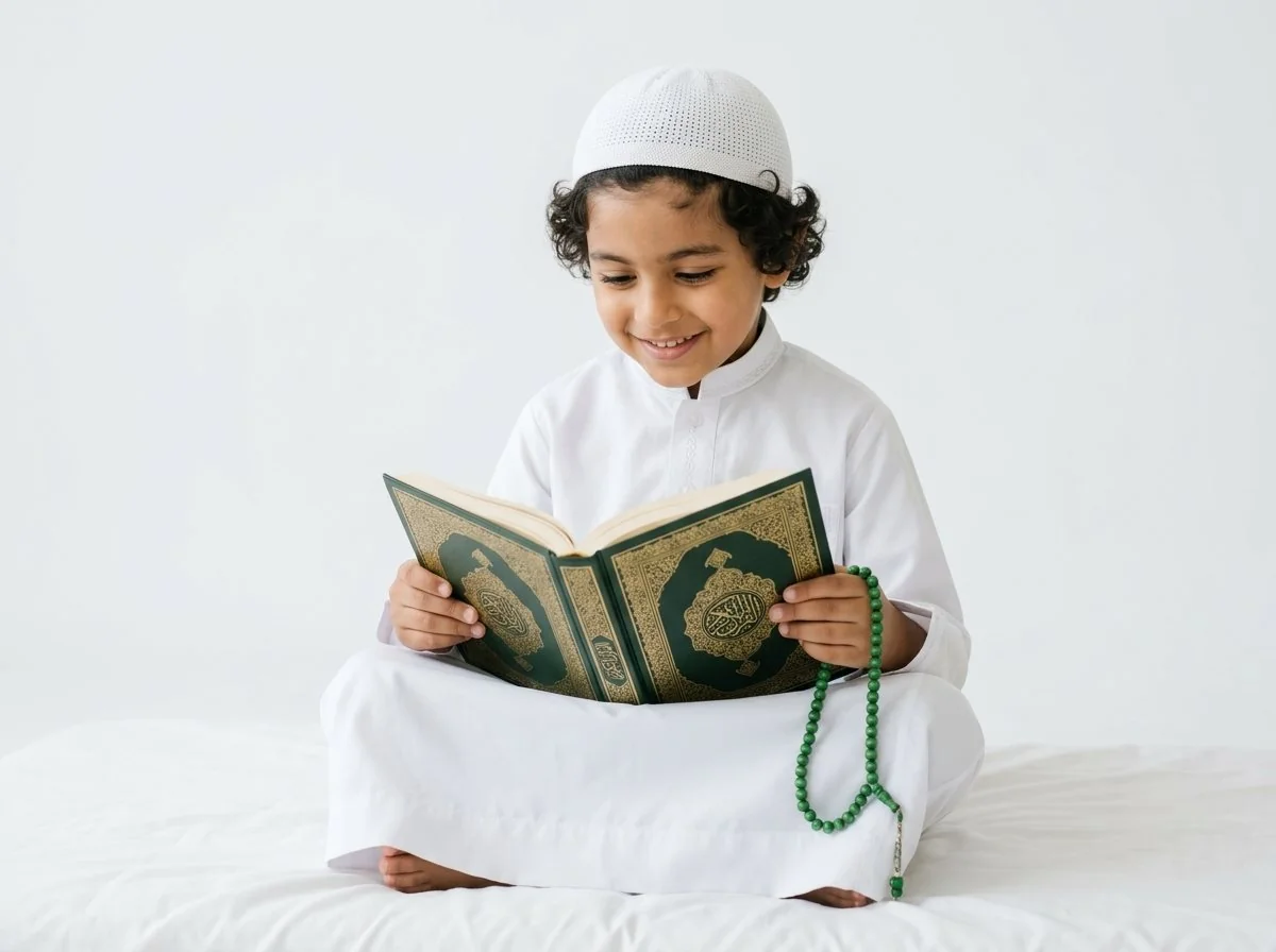 Boy Reading Holy Quran with Prayer Beads